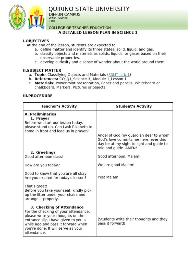 Science Lesson Plan: Matter for Grade 3 | PDF | Gases | Liquids