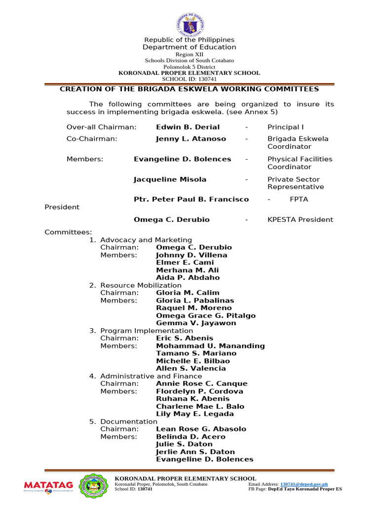 Annex 5 Creation of The Brigada Eskwela Working Committees | PDF