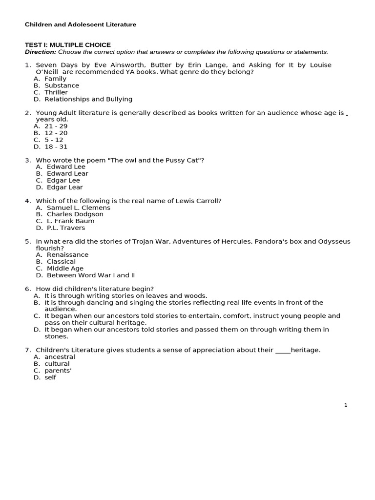 CBE MIDTERM Questions | PDF | Children's Literature