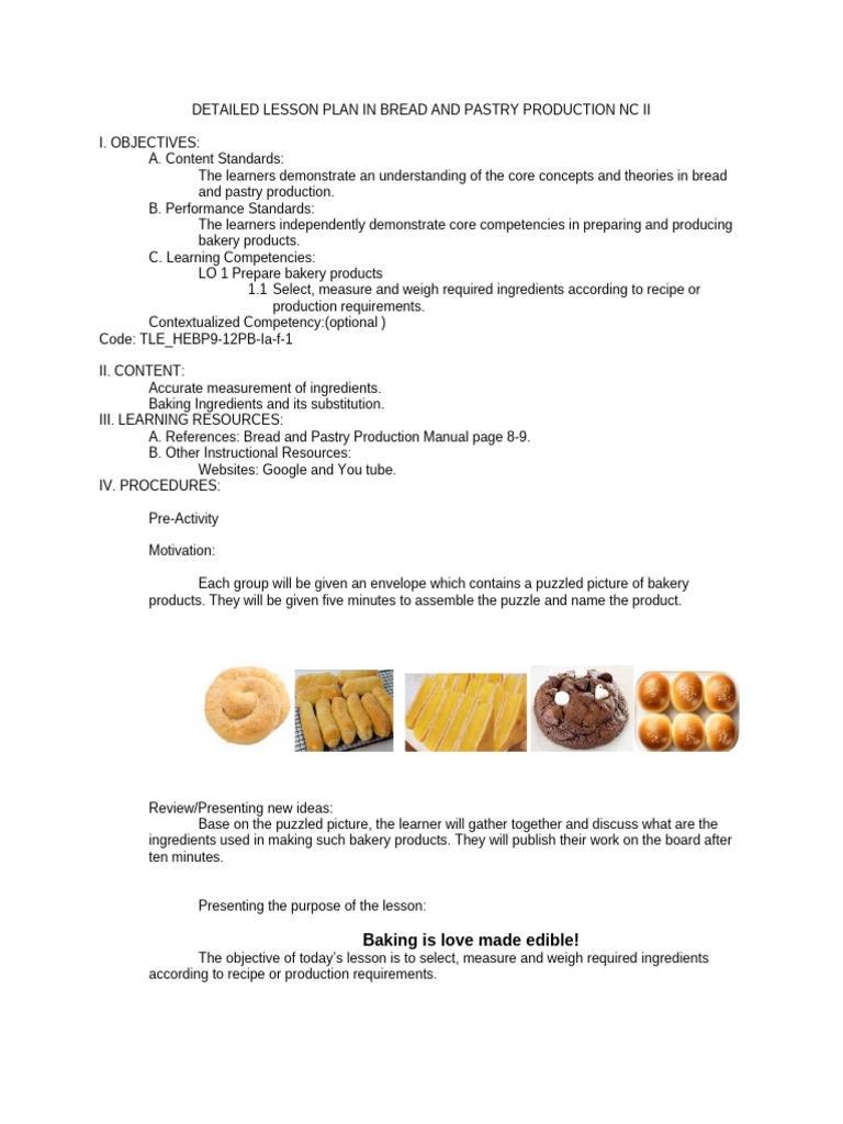 Bread and Pastry Production Lesson Plan | PDF | Teaspoon | Gallon