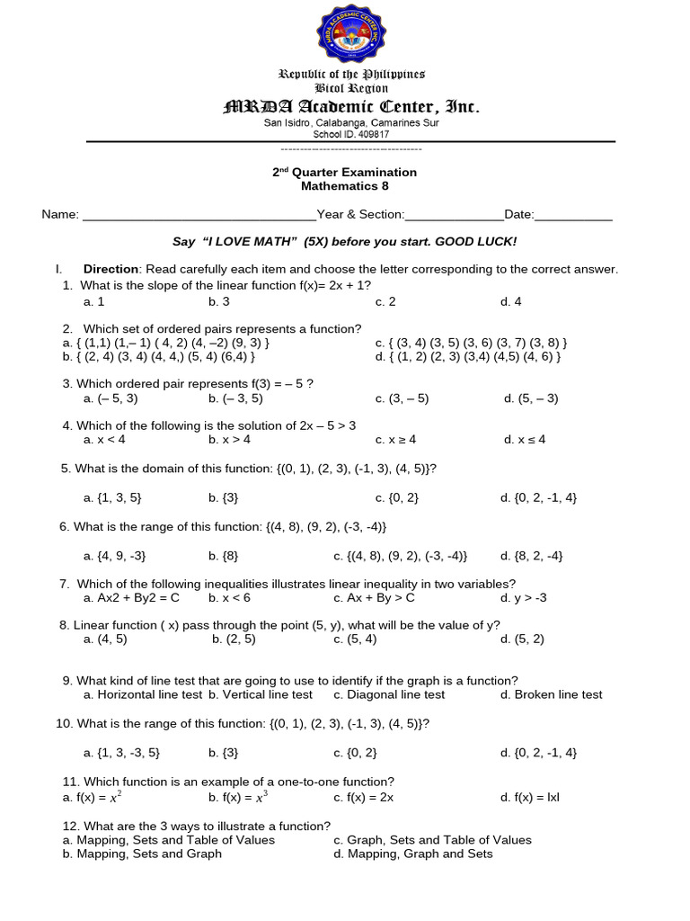 2nd Grading Exam in Mathematics 8 | PDF | Function (Mathematics ...