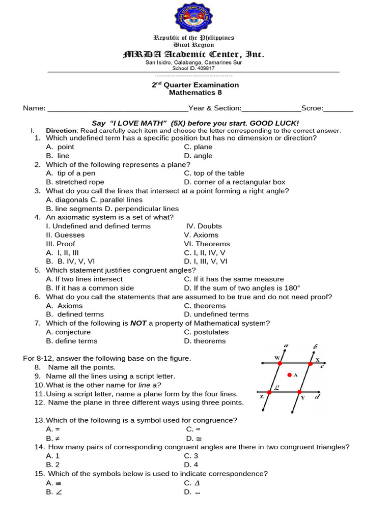 Math 8 2nd Quarter Exam Questions | PDF | Theorem | Triangle