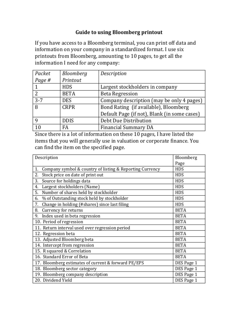 Bloomberg Terminal Printout Guide | PDF | Beta (Finance) | Expense