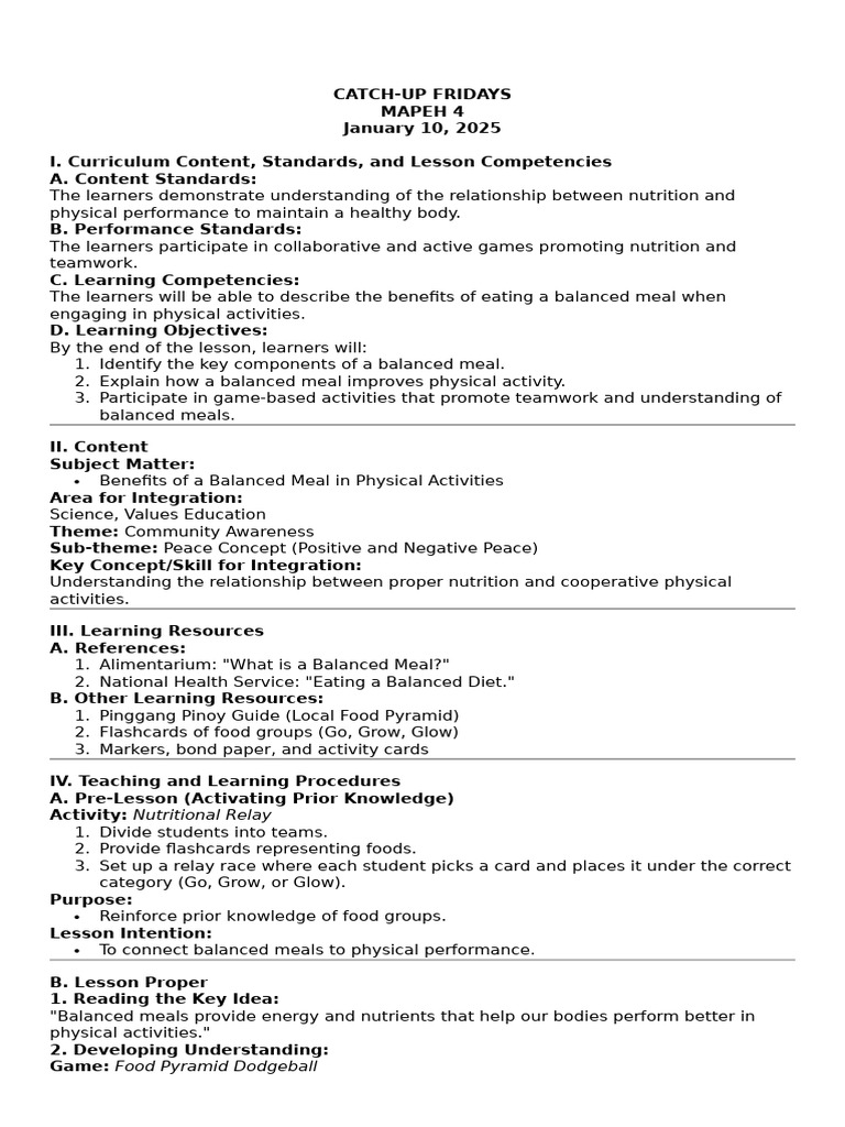 Balanced Meals and Teamwork Activities | PDF | Learning | Nutrition