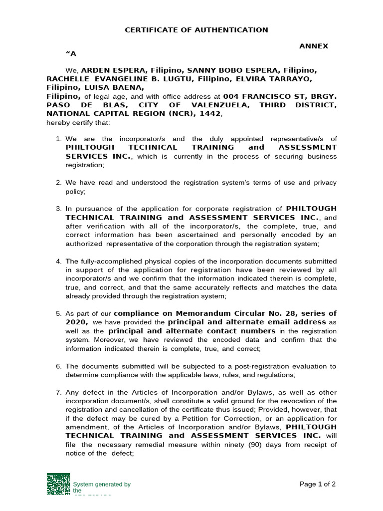 Certificate of Authentication Philtough | PDF | Articles Of Association ...