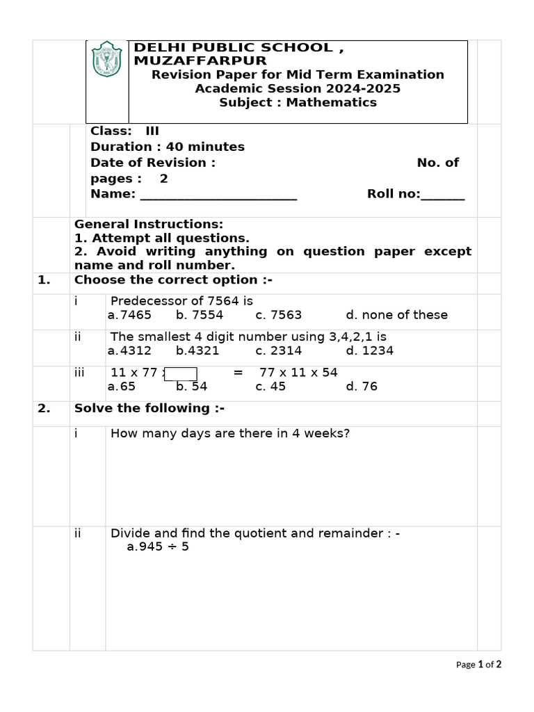 Class 3 Math Mid Term Revision Paper | PDF