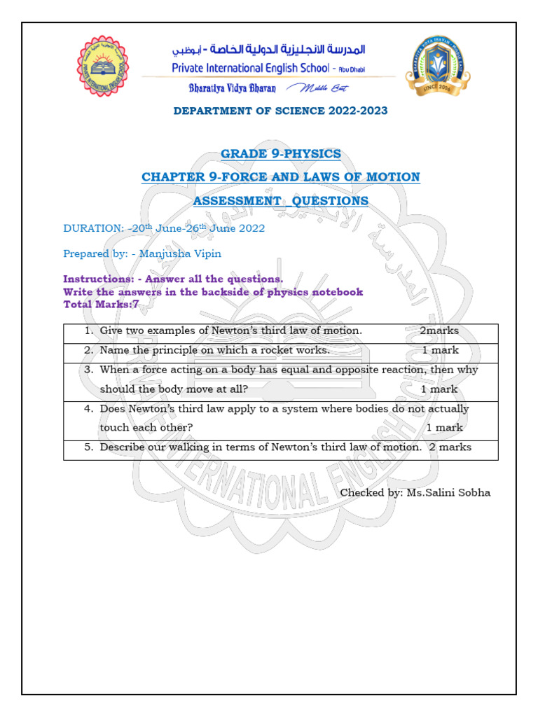 Grade 9 Physics: Force & Motion Assessment | PDF