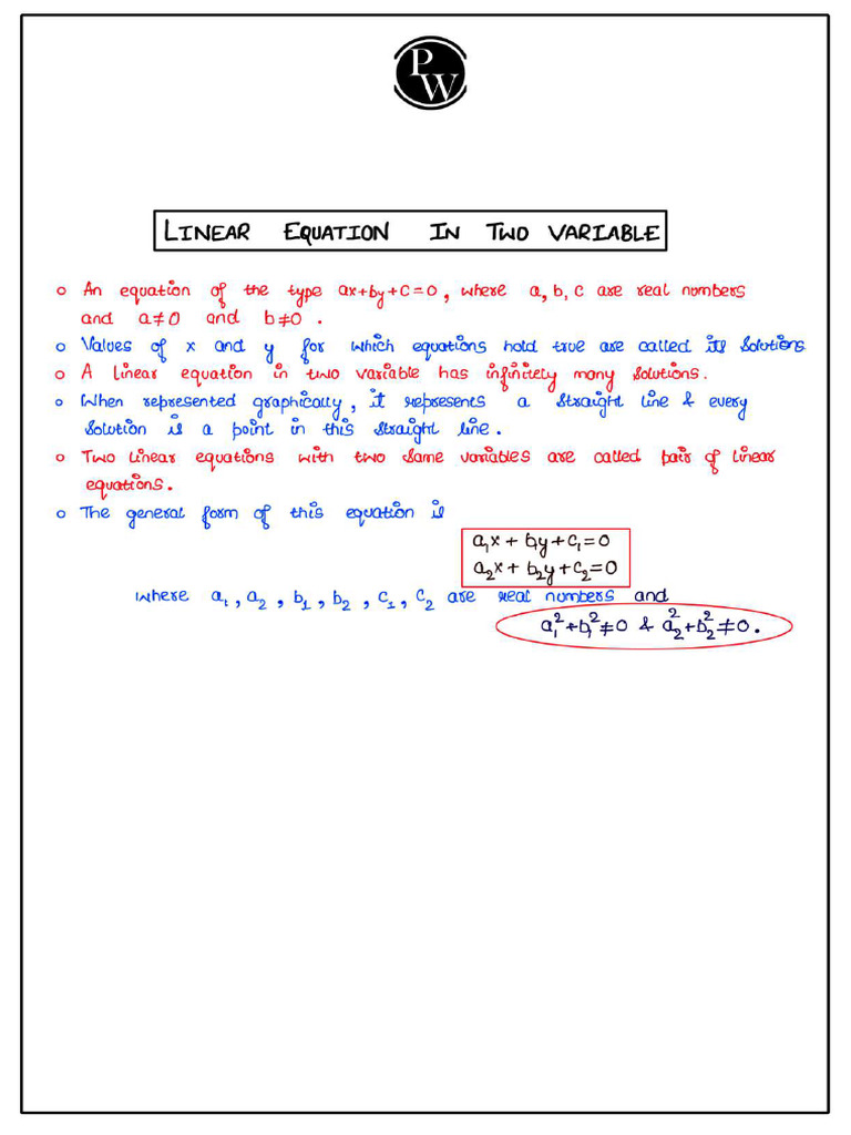Linear Equations in 2 Variables - Handwritten Notes (Maths) | PDF