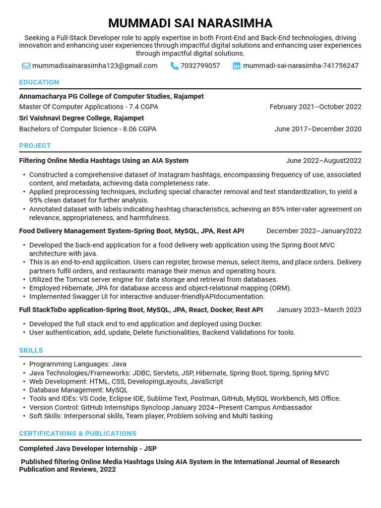 Full-Stack Developer Resume Summary | PDF | Java (Programming Language ...