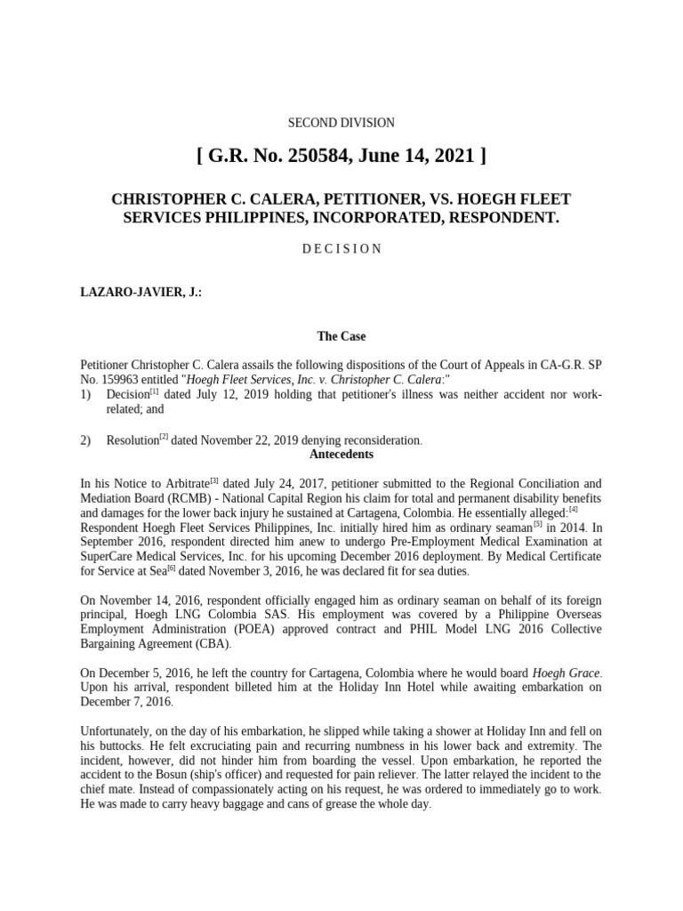 Calera vs. Hoegh Fleet Services Case | PDF | Back Pain | Low Back Pain