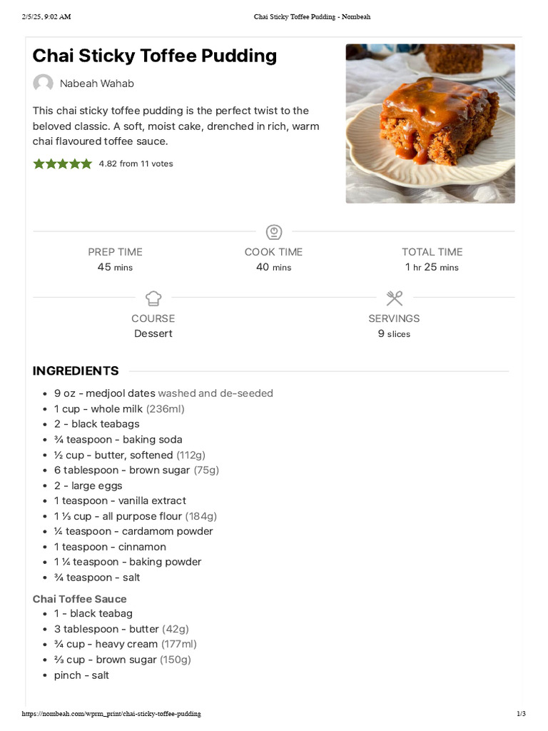 Chai Toffee Pudding Recipe | PDF | Teaspoon | Pudding