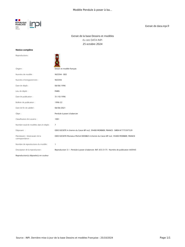 Pendule à balancier : Modèle INPI 963394 | PDF