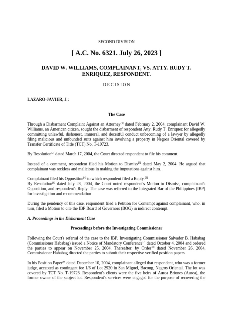 DAVID W. WILLIAMS, COMPLAINANT, VS. ATTY. RUDY T. ENRIQUEZ, RESPONDENT ...