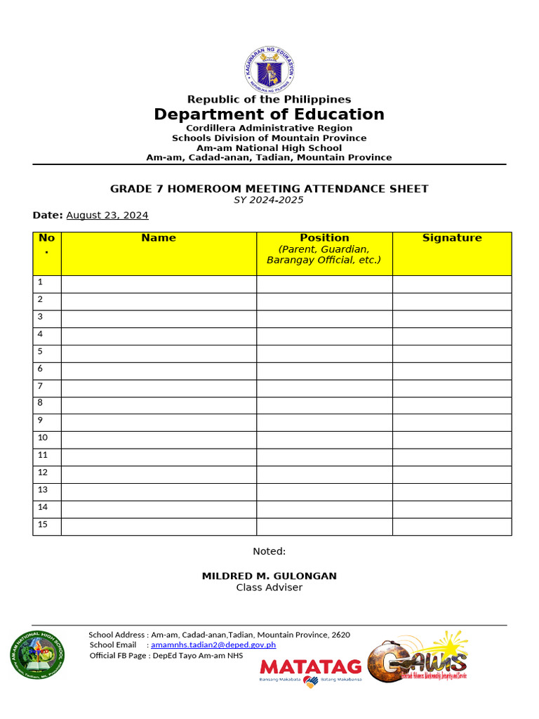 Grade 7 Homeroom Attendance Sheet | PDF