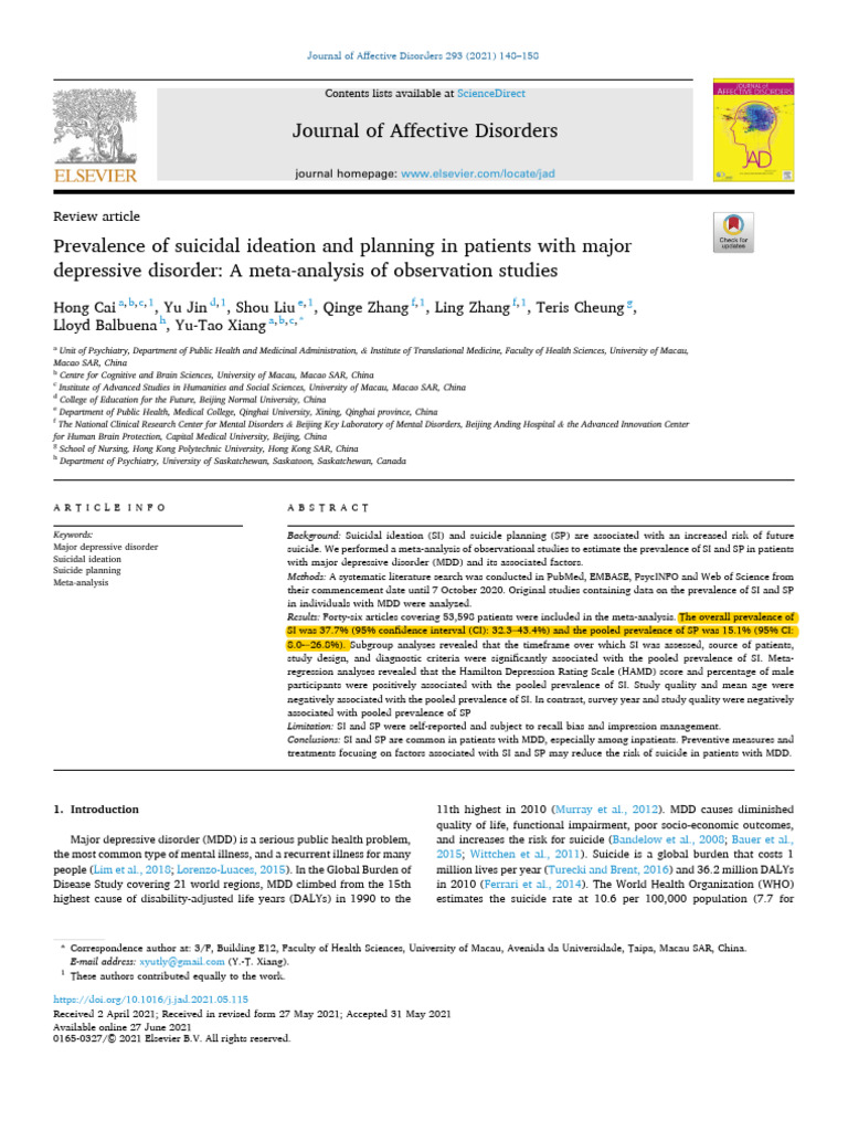 Suicidal Ideation in Major Depression | PDF | Major Depressive Disorder ...