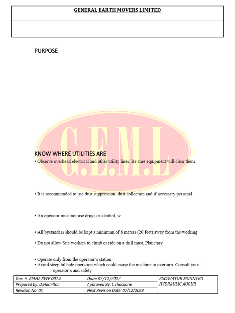 Excavator Mounted Hydraulic Augur Safe Work Procedure | PDF | Elevator ...