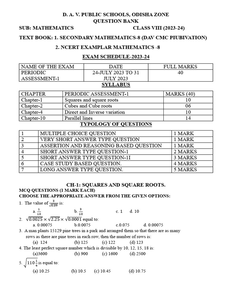 Class 8 Math Question Bank 2023-24 | PDF | Numbers | Area