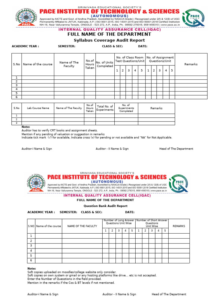 (Class Teacher File) Internal Academic Audit List of Documents Common ...