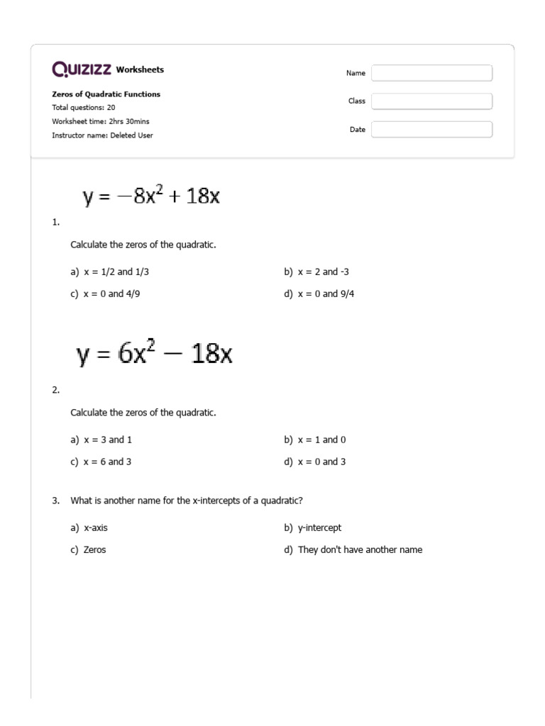 Quadratic Functions Zeros Worksheet | PDF | Quadratic Equation | Zero ...