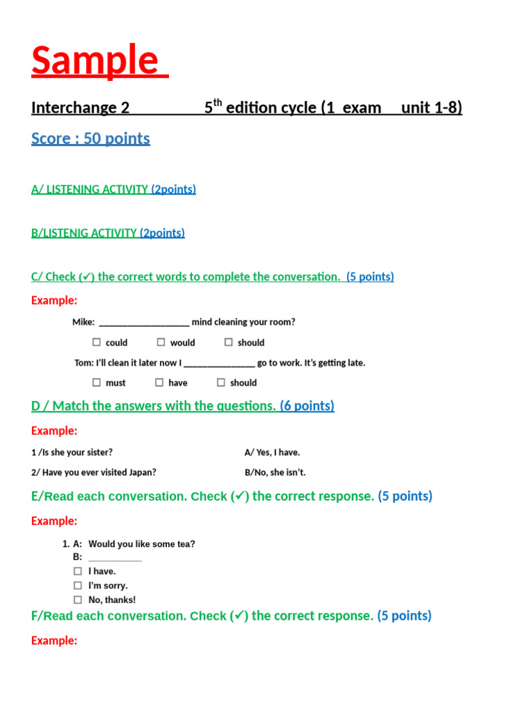 FINAL EXAM SAMPLE cycle 1 unit 1 to 8 | PDF | Linguistic Morphology ...