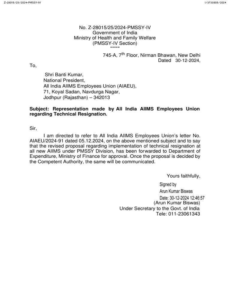 AIIMS Technical Resignation Proposal Update | PDF