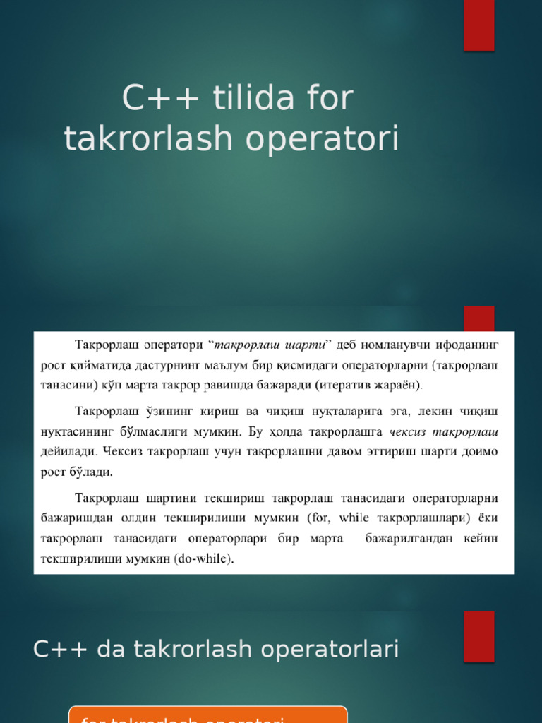 Lesson - 10 C++ Tilida for Takrorlash Operatori - Копия | PDF