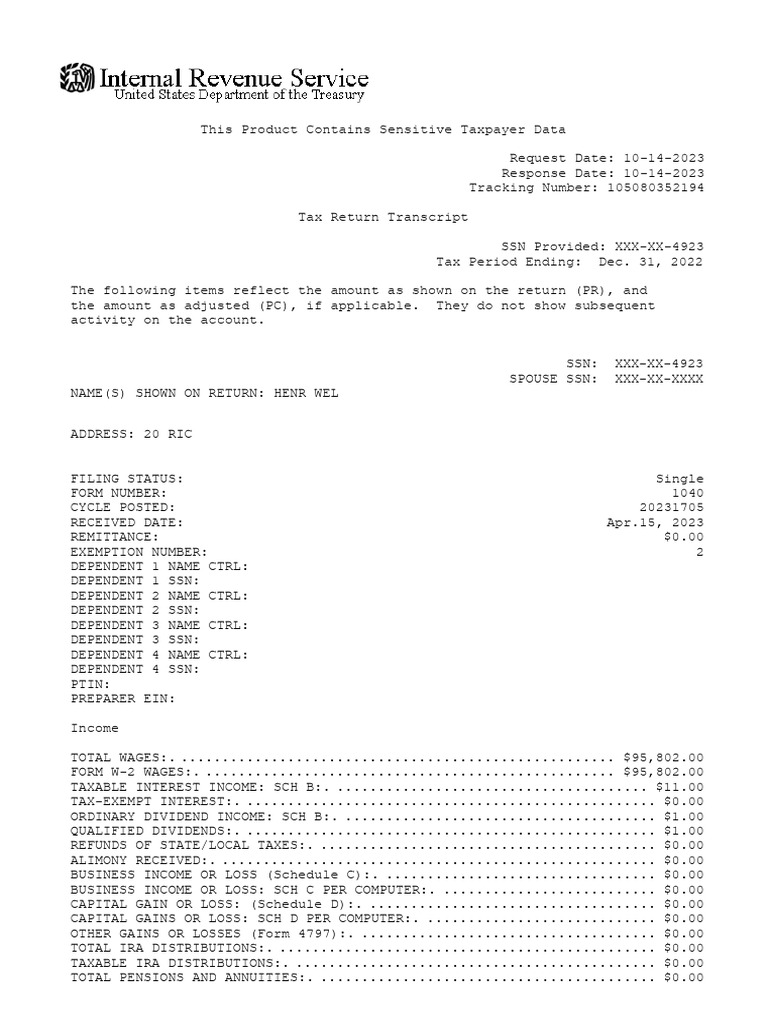 202212_Tax Return Transcript_WEL_105080352194 | PDF | Tax Deduction ...