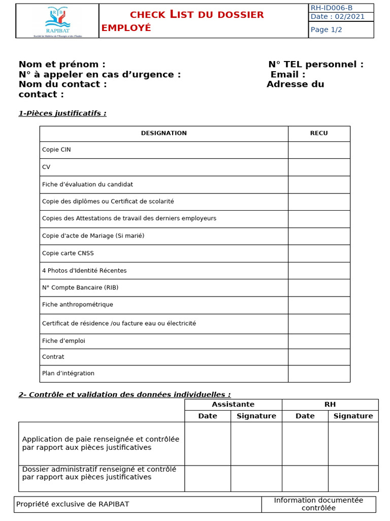 Checklist Dossier Employé 2021 | PDF