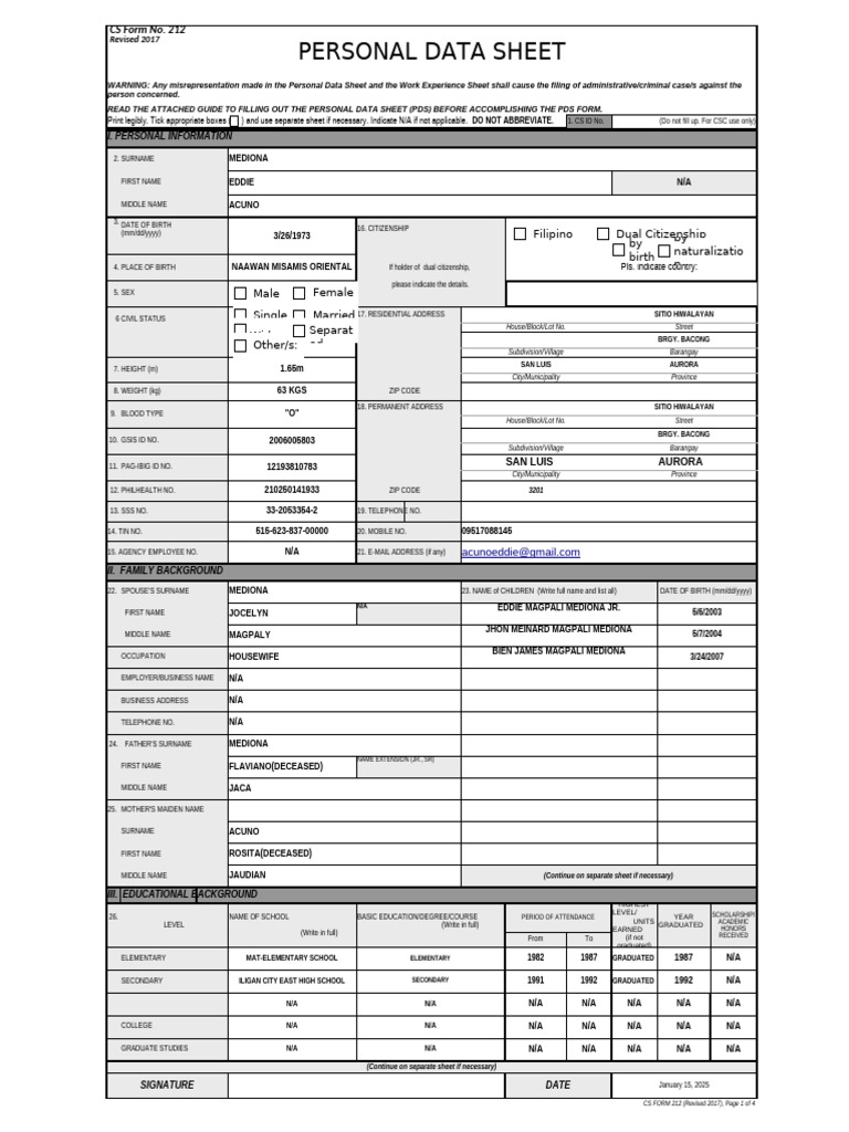 Personal Data Sheet Template | PDF | Government