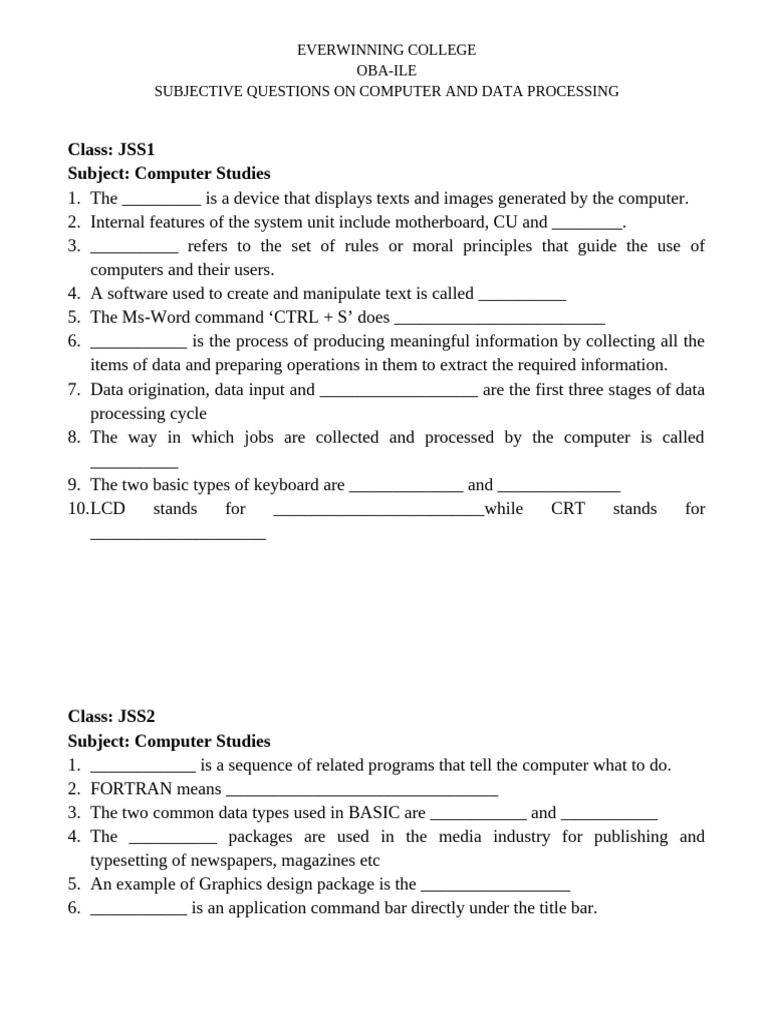 Computer Studies Questions for JSS1-SS1 | PDF | Microsoft Word ...