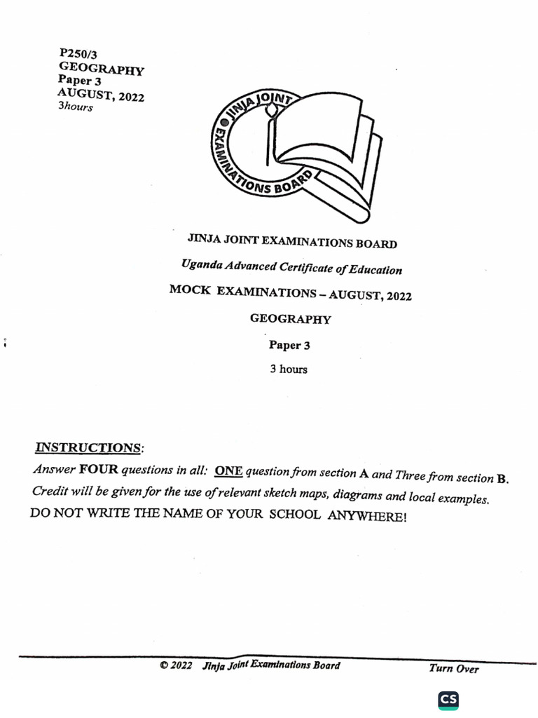 Jinja Joint Examination Board 2022 Geography Paper 3 A Level PDF