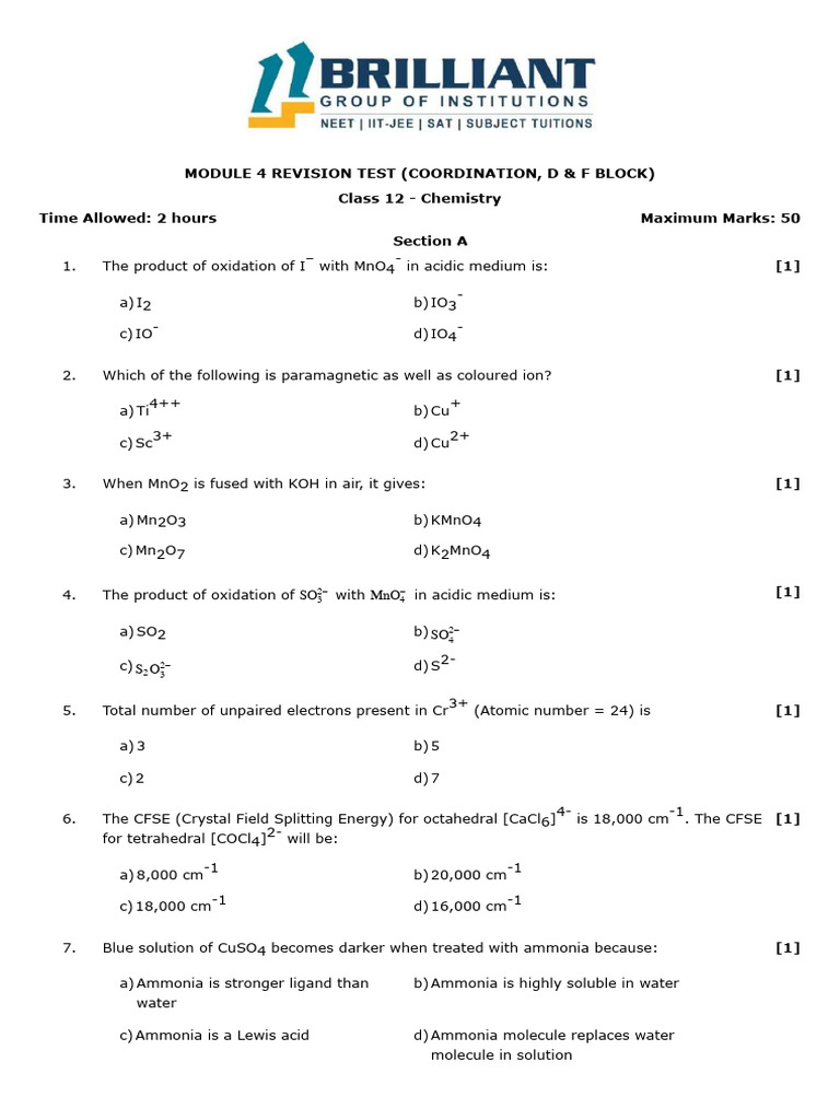 Chemistry Module 4 Coordination, D & F Revision Test Questions | PDF ...