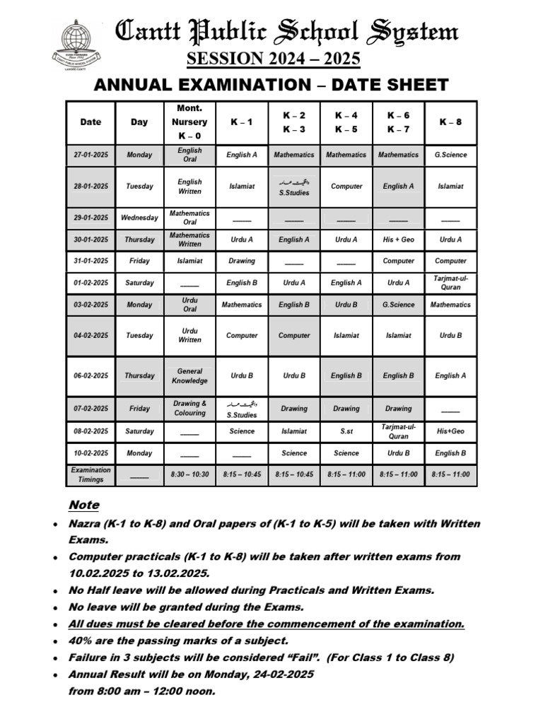 Montessori To K-8 Annual Examination Date Sheet 2024-25 | PDF