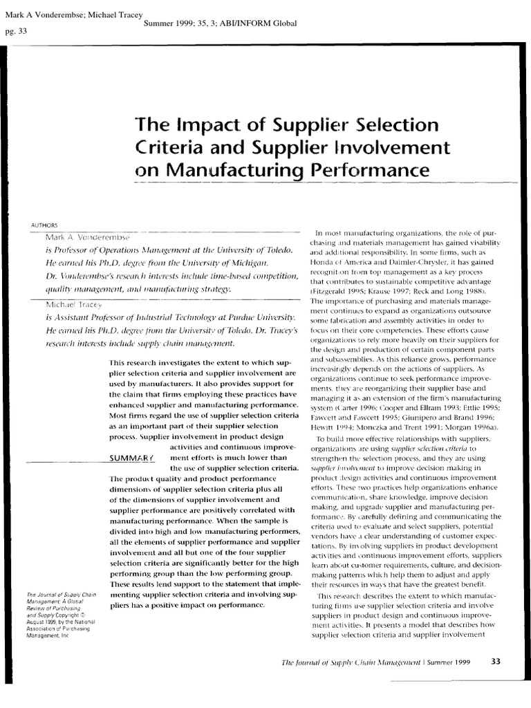The Impact of Supplier Selection Criteri | PDF