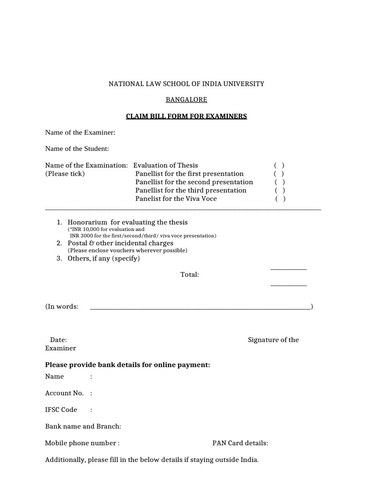 Claim Bill Form for Thesis Examiners | PDF