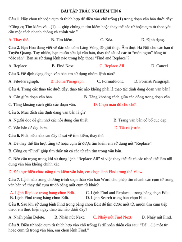 BÀI TẬP TRẮC NGHIỆM TIN 6 HK2 | PDF