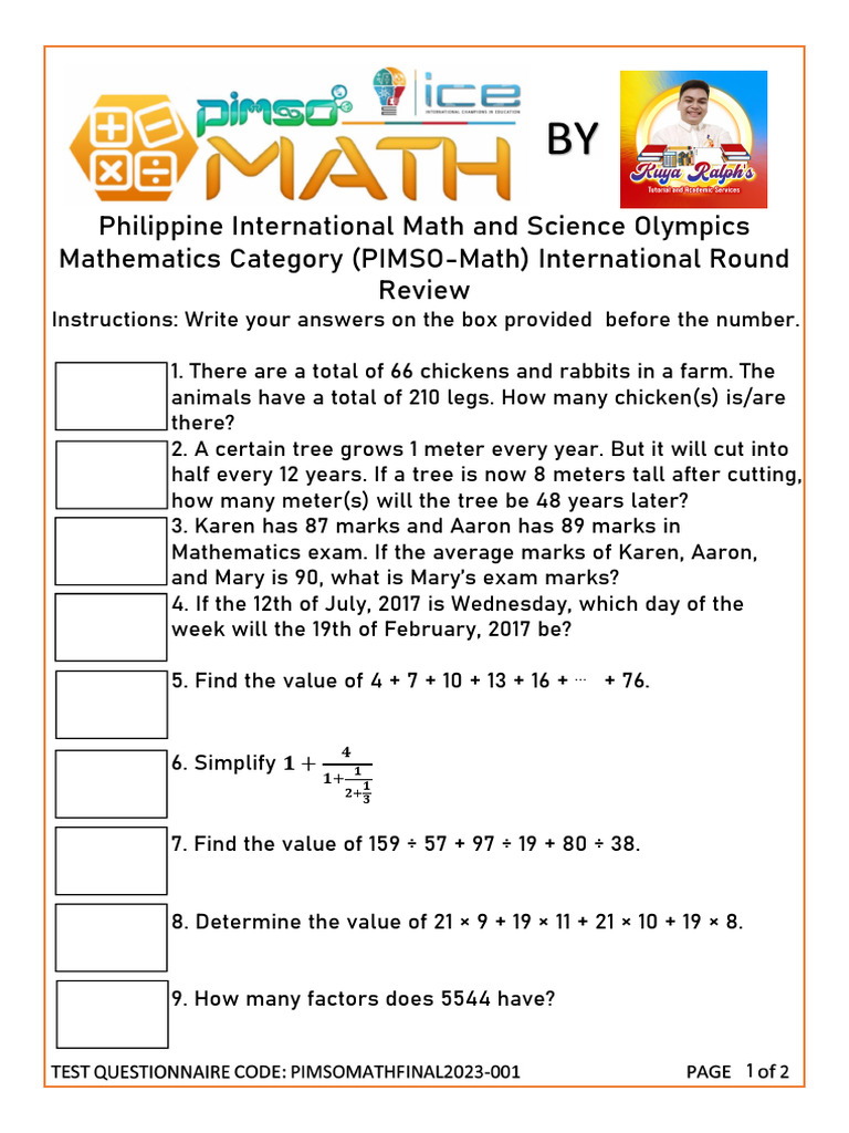 PIMSO-Math International Round Review | PDF