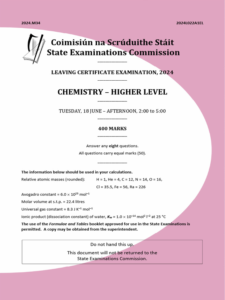 2024 Leaving Cert Chemistry Exam Guide | PDF | Chemical Reactions ...