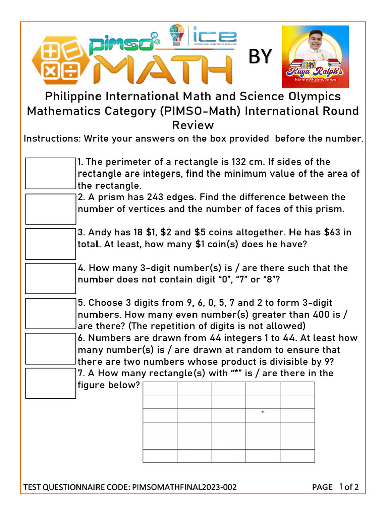 PIMSO-Math International Round Review | PDF
