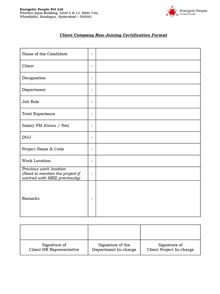 EPPL New Joining Certification Format | PDF