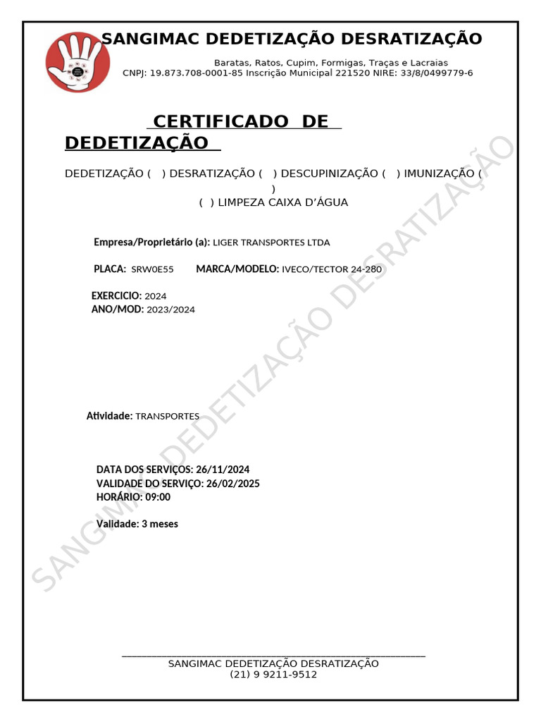 Certificado de Dedetização 2024 | PDF