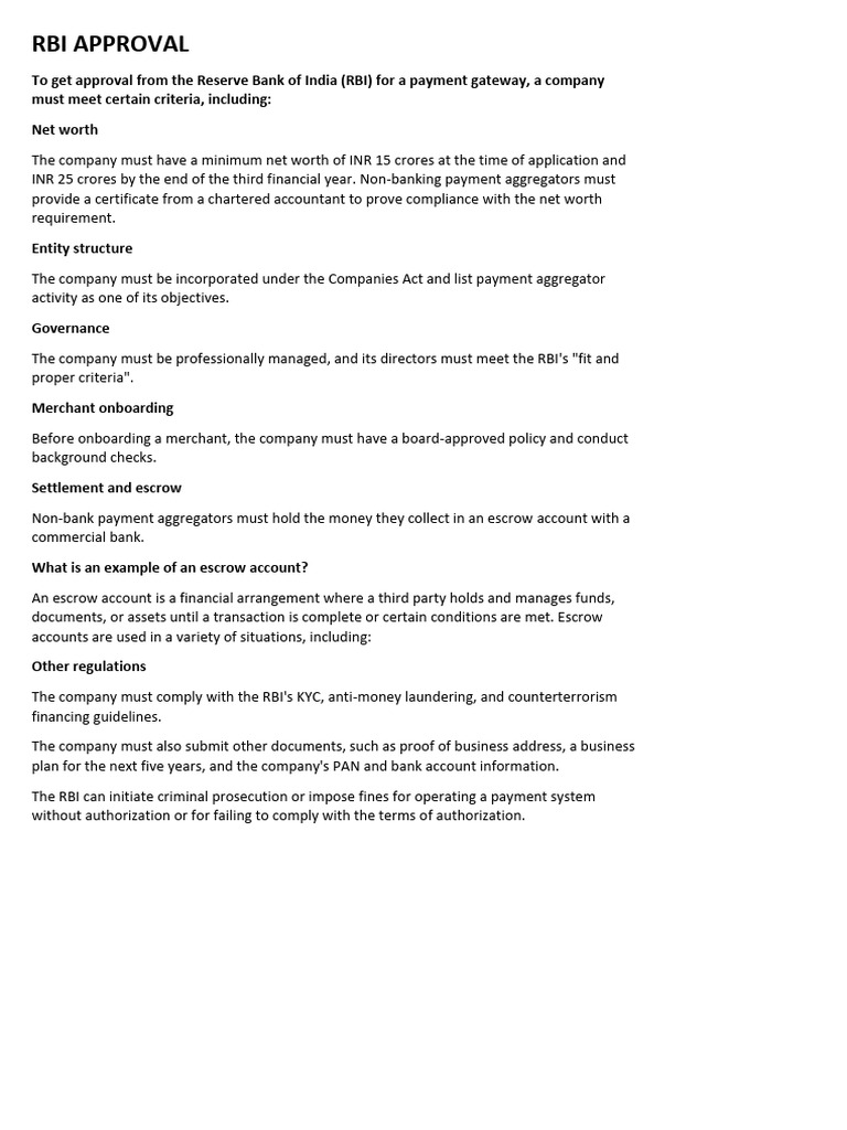 RBI Payment Gateway Approval Criteria | PDF