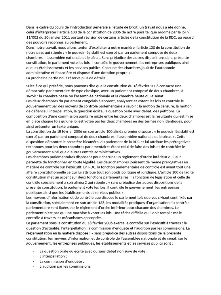 Interprétation de l'article 100 de la RDC | PDF | Loi | Constitution