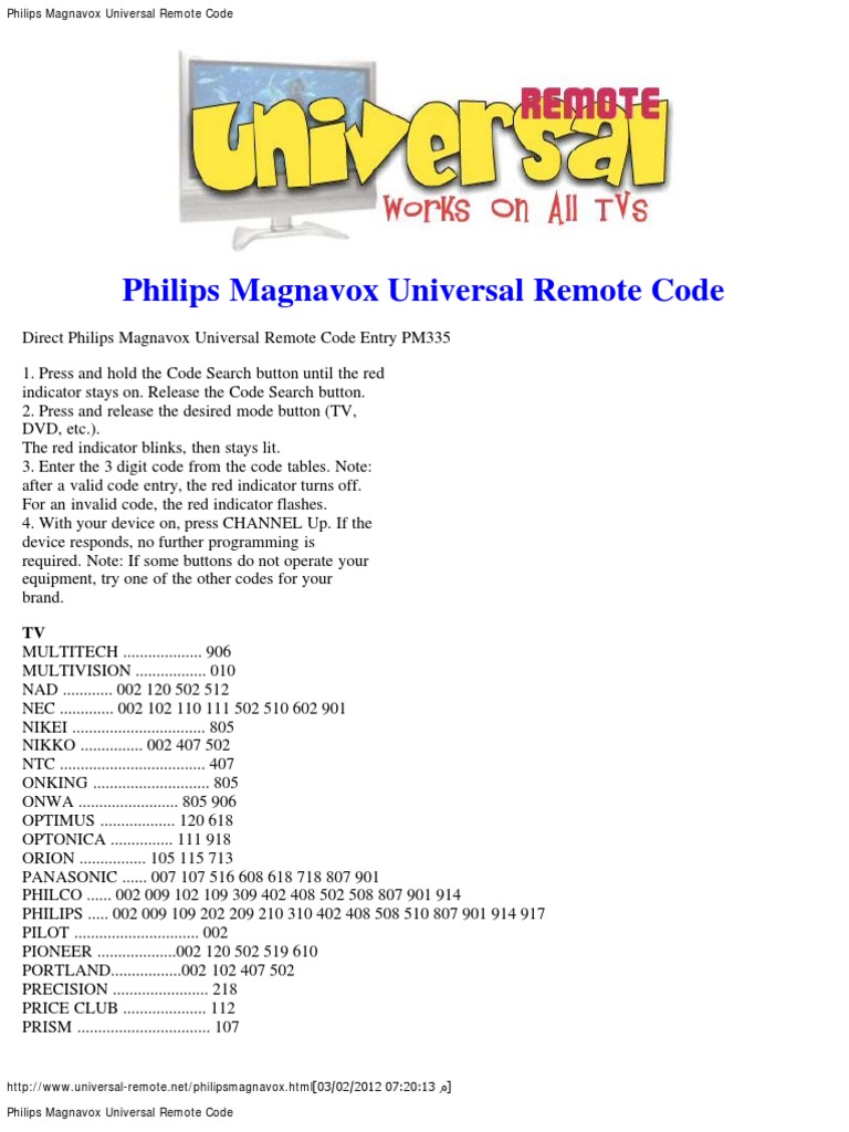 Philips Magnavox Universal Remote Code