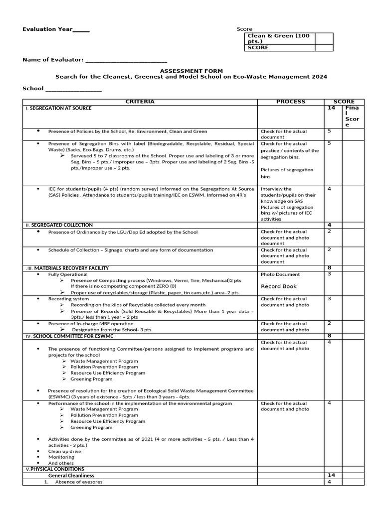 ASSESSMENT FORM Search For CXlenest Greenest Eco Waste MGT 2024 2025 ...