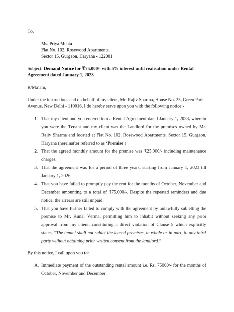 Demand Notice for Unpaid Rent and Violation | PDF | Lease | Landlord