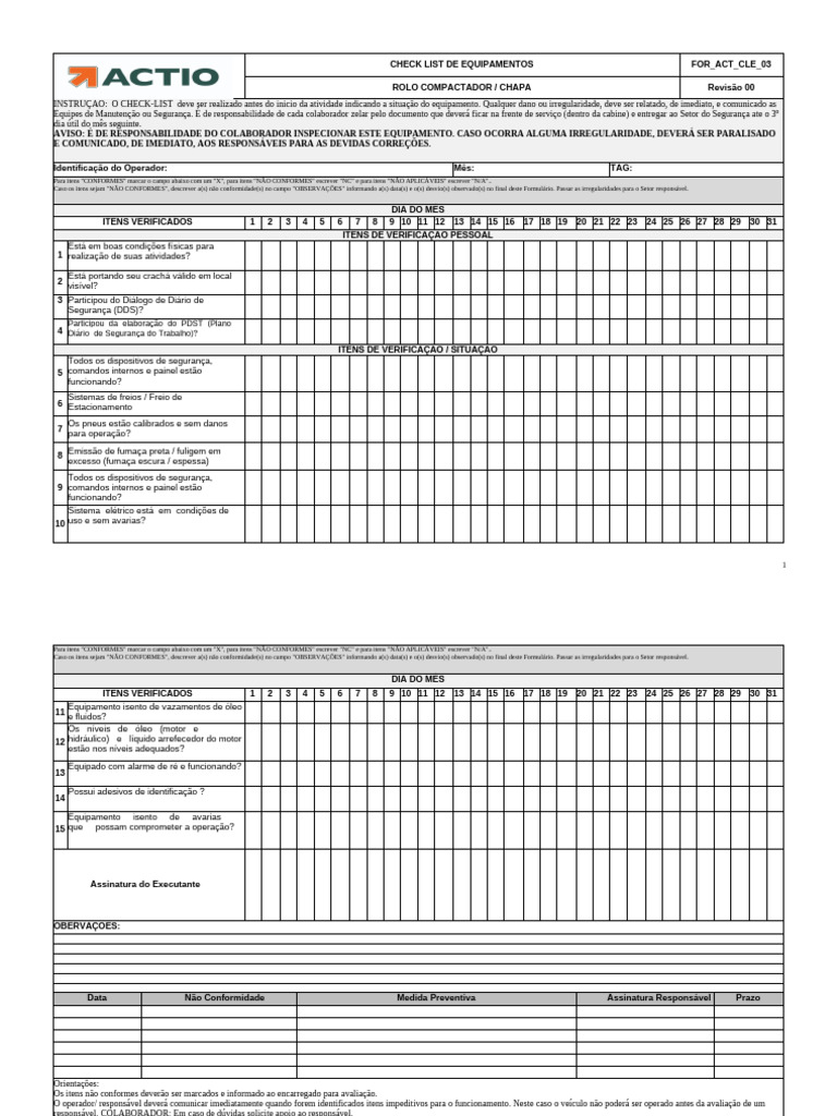 Check-list Rolo Compactador Chapa | PDF