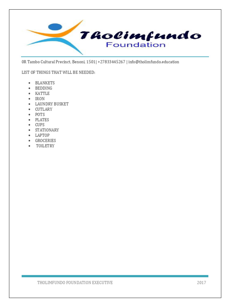 Tholimfundo Foundation Needs List | PDF