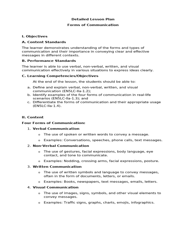 Detailed Lesson Plan | PDF | Communication | Nonverbal Communication
