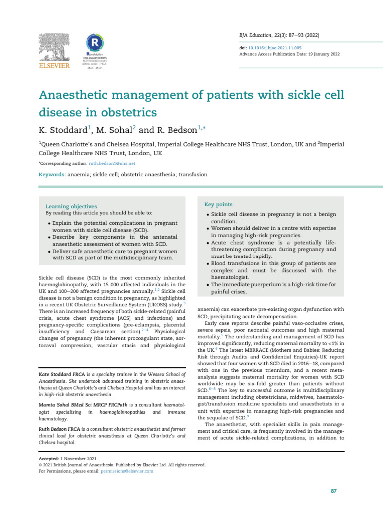 Anaesthesia for Sickle Cell Pregnancy | PDF | Childbirth | Pregnancy